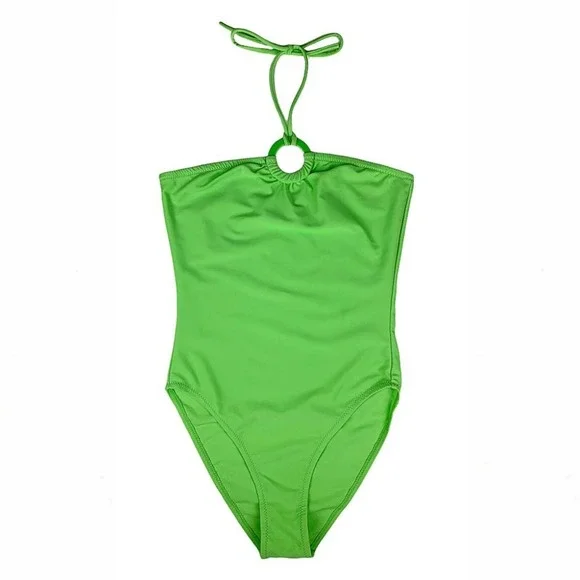 Pastel High-Leg O-Ring Halter One-Piece Swimsuit in Lime Green - Picture 2 of 11
